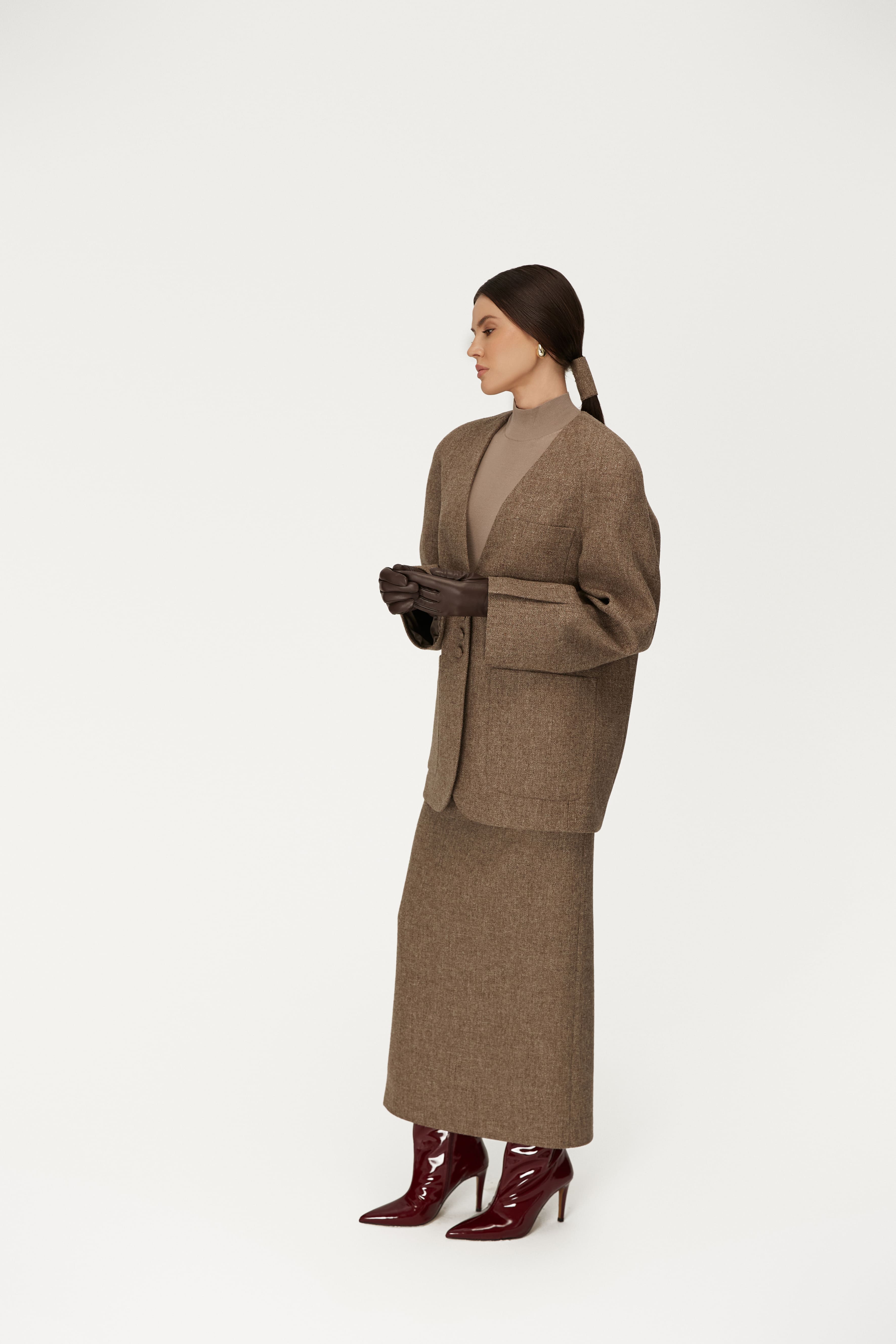 Collarless Wool Blazer in Brown