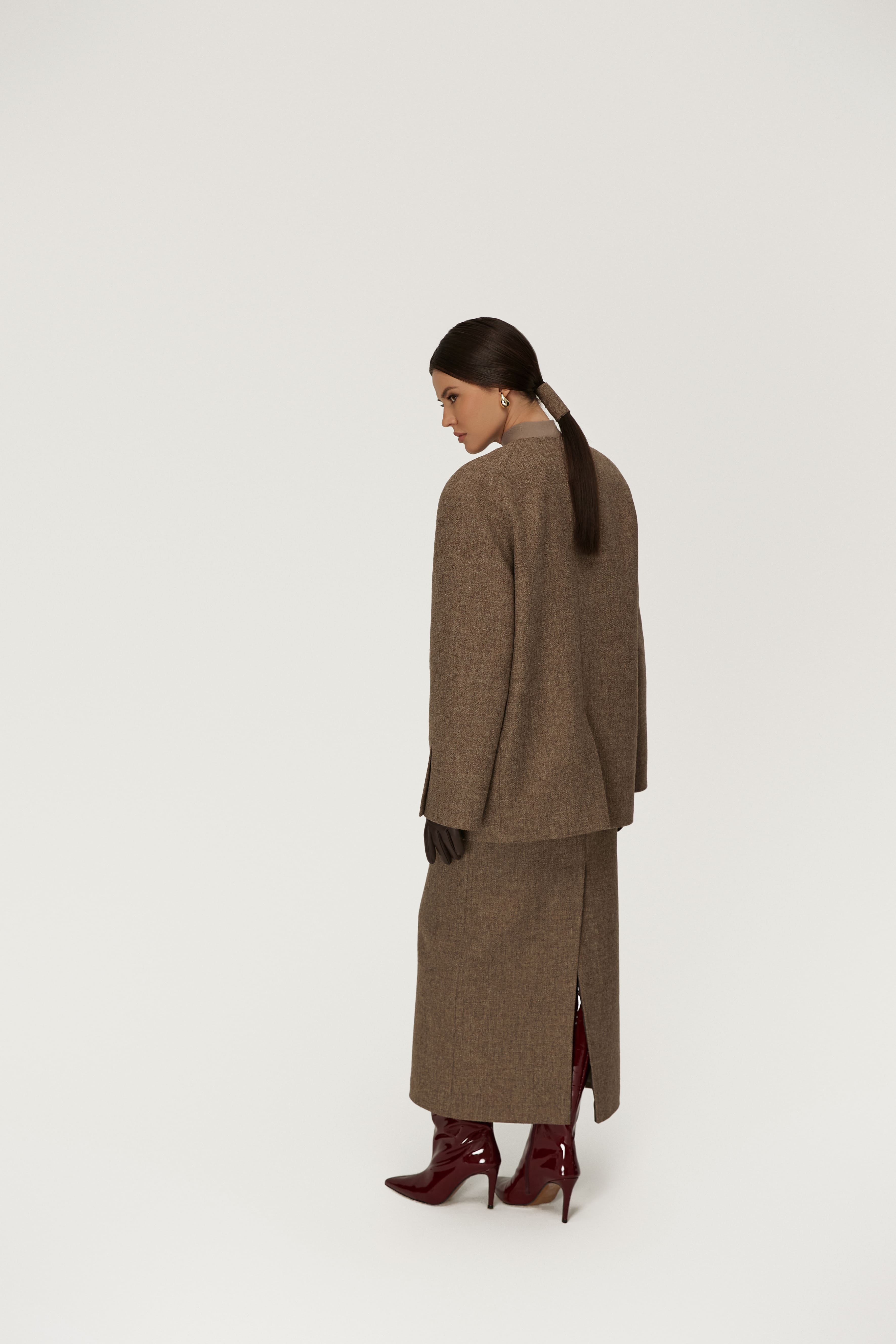 Collarless Wool Blazer in Brown