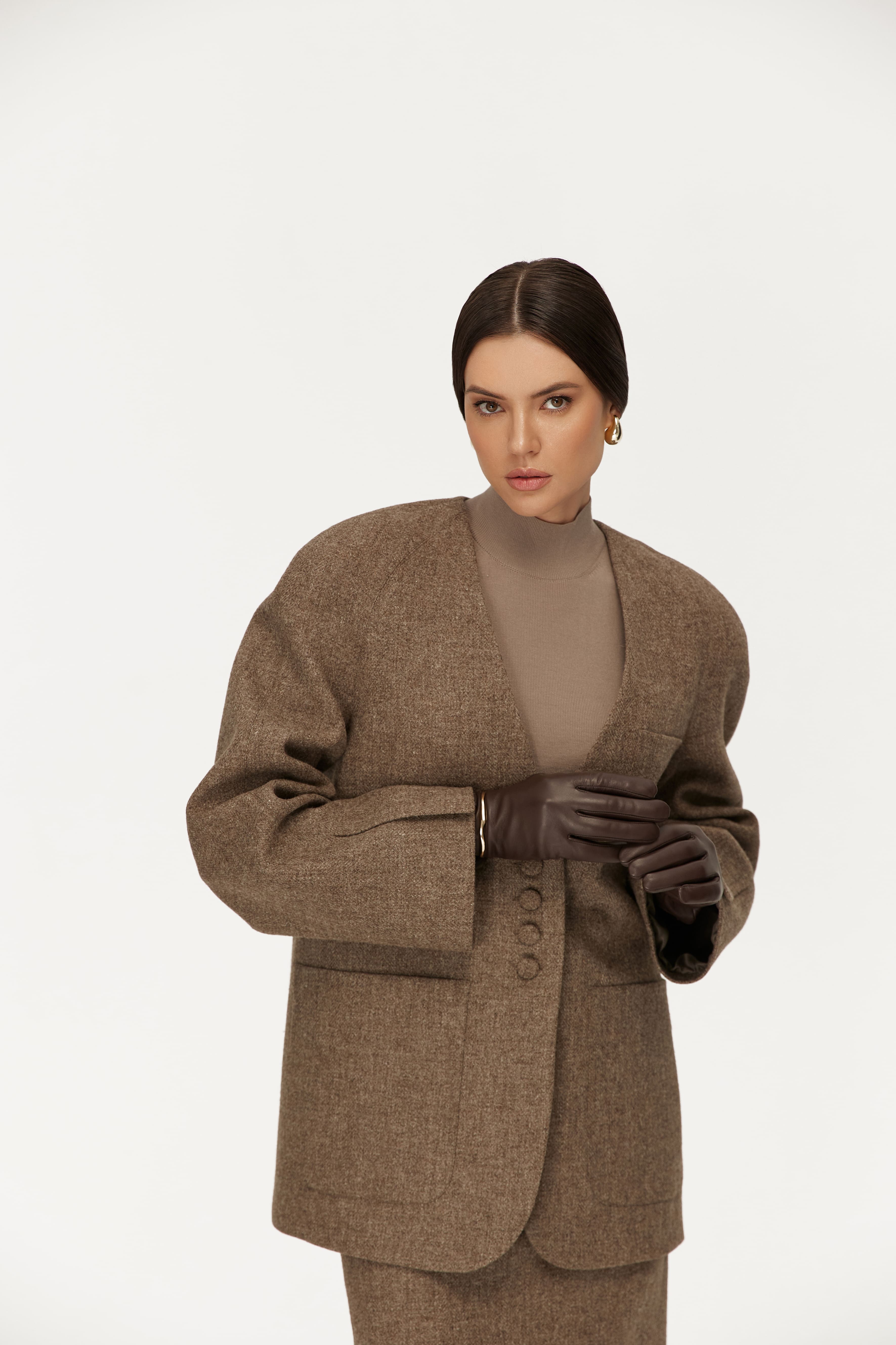 Collarless Wool Blazer in Brown
