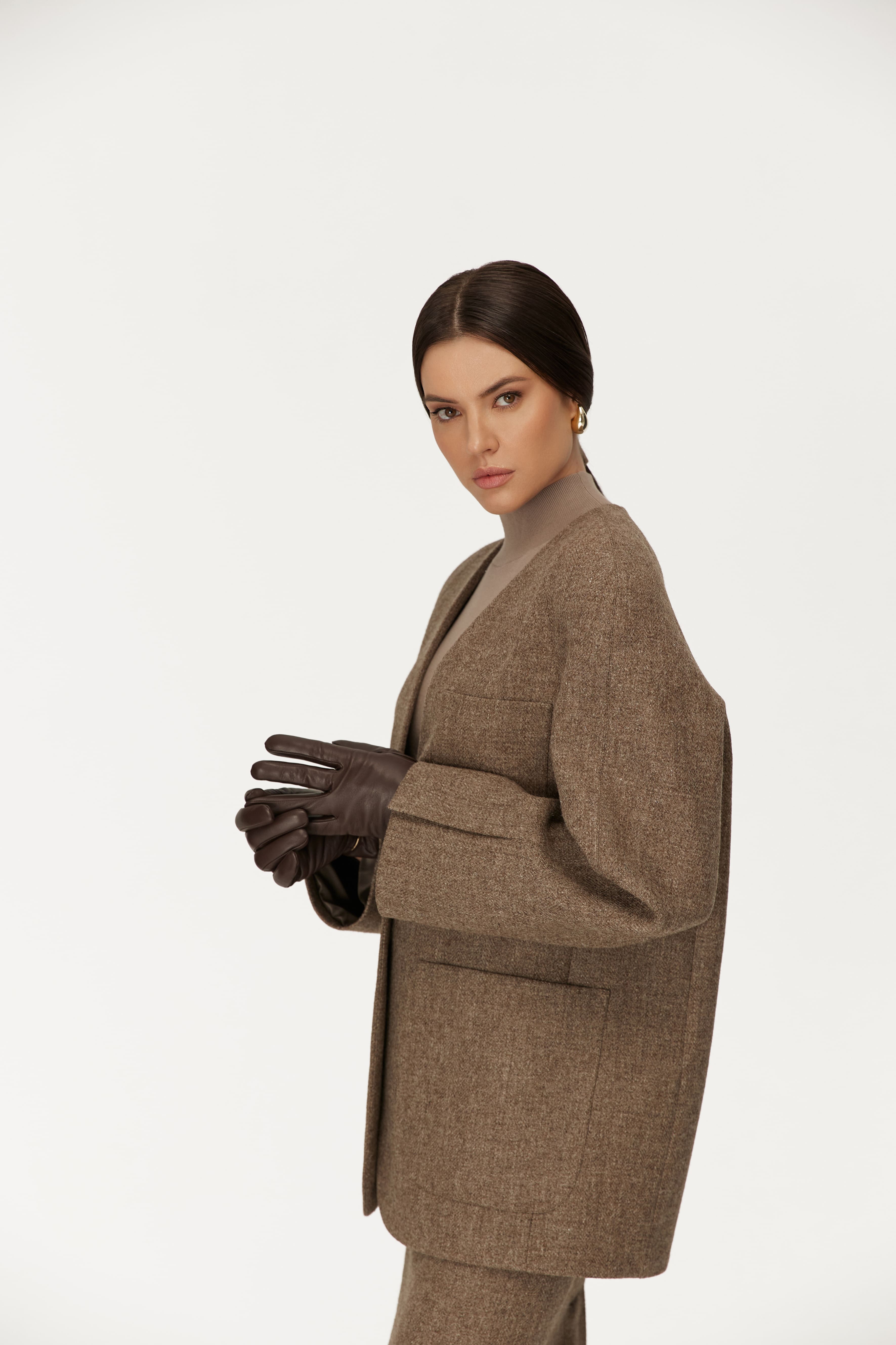 Collarless Wool Blazer in Brown