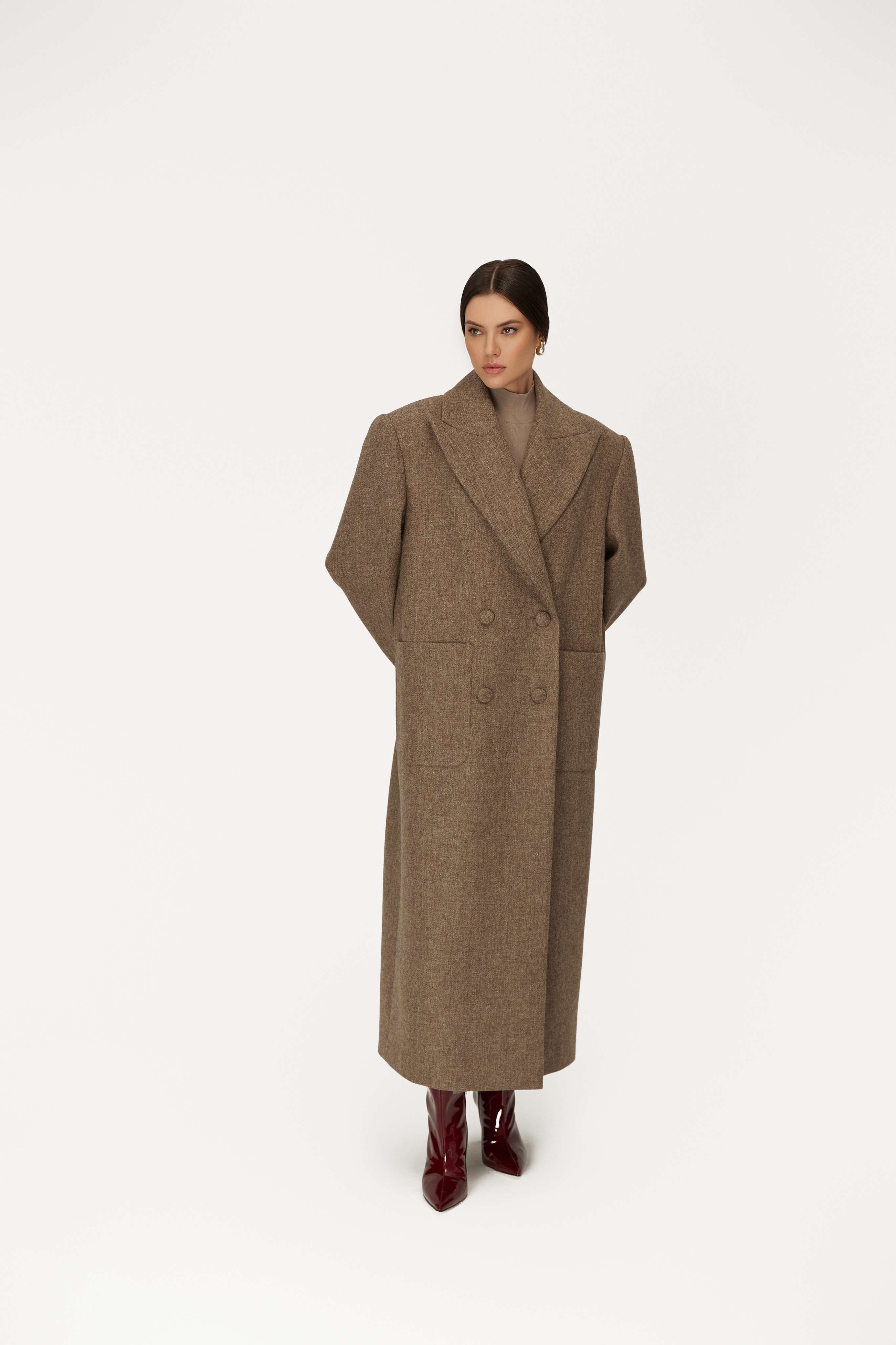 Double-breasted Maxi Wool Coat in Brown