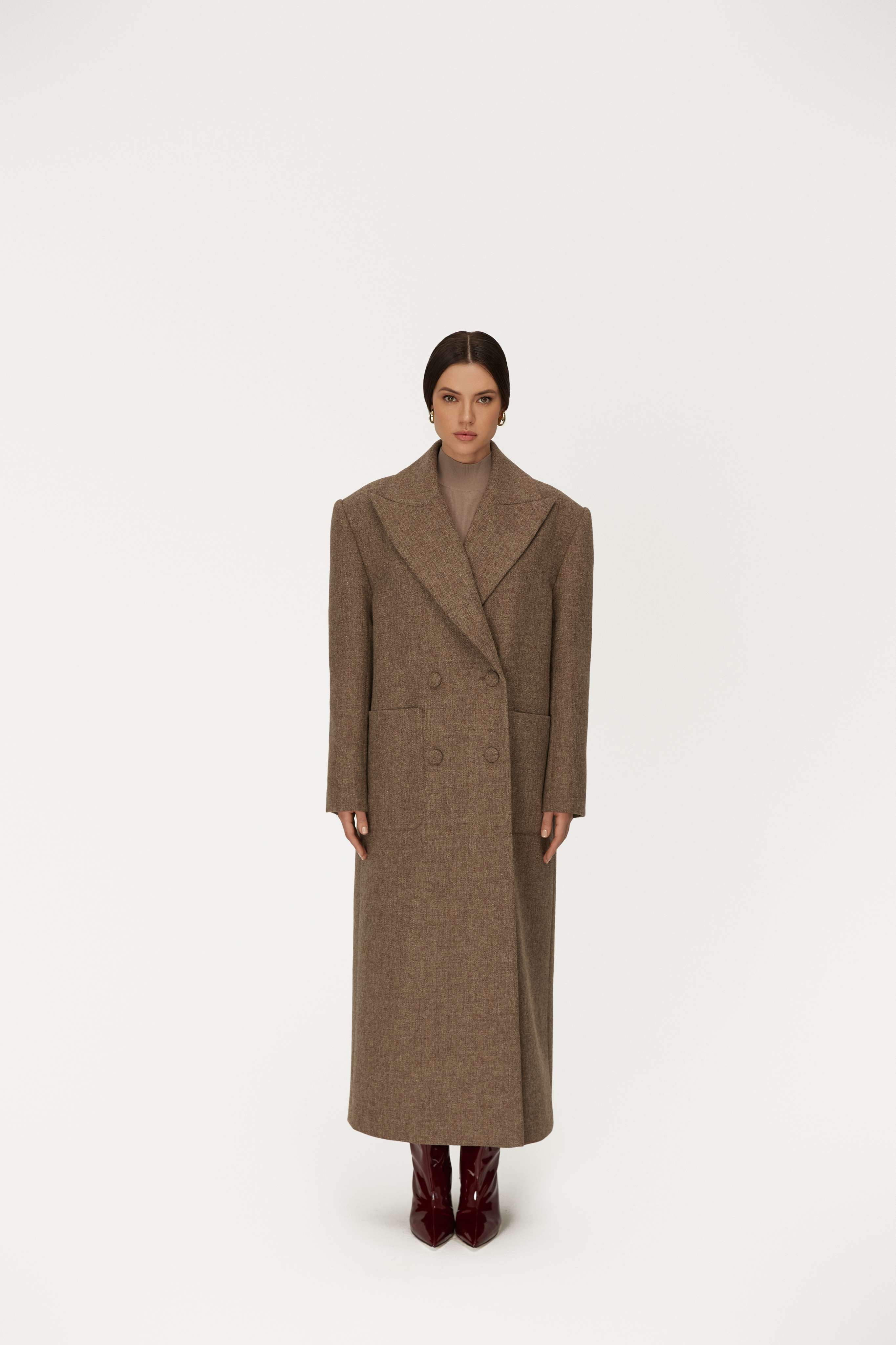 Double-breasted Maxi Wool Coat in Brown