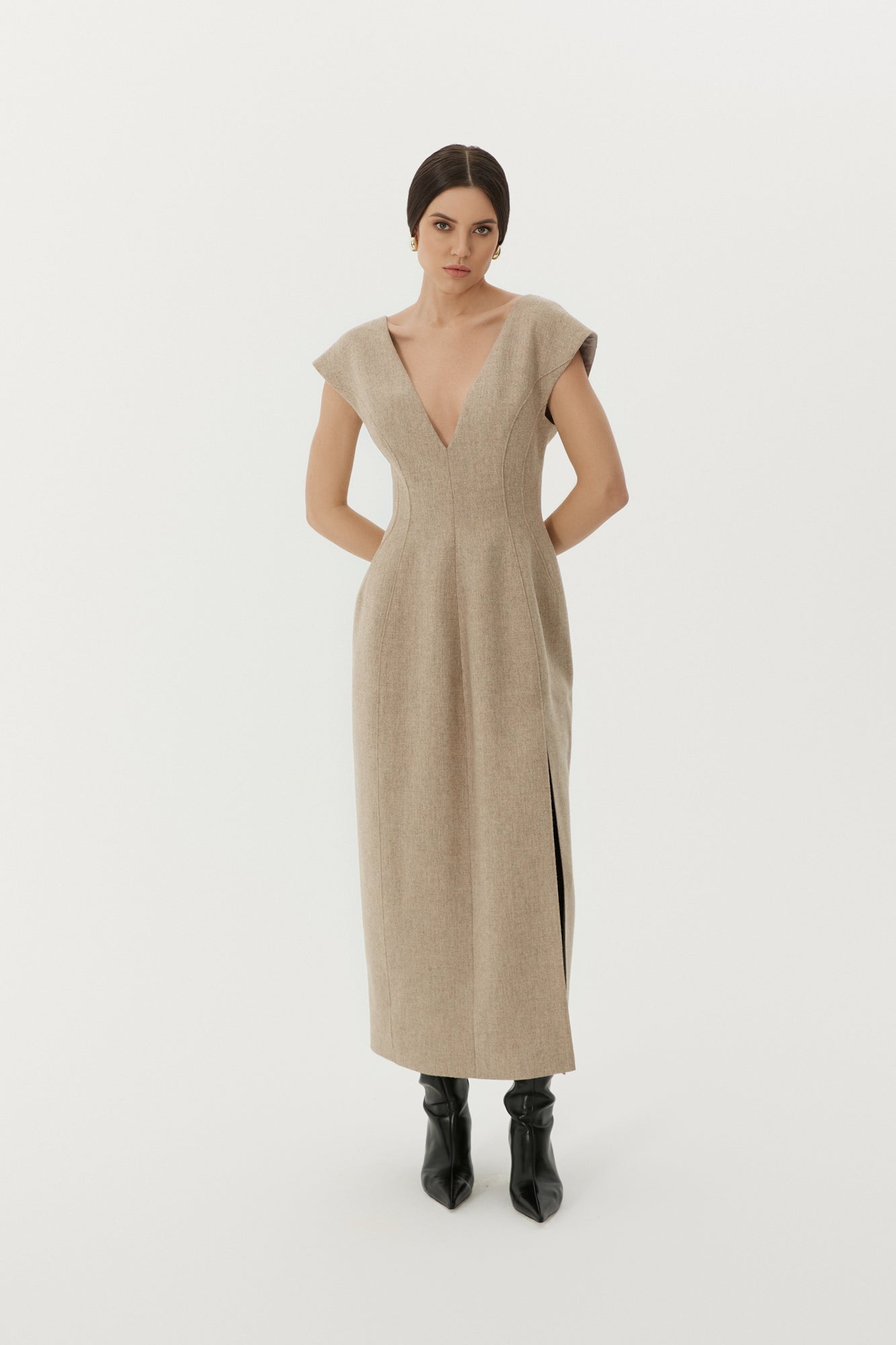 Wool V-Neck Dress in Beige