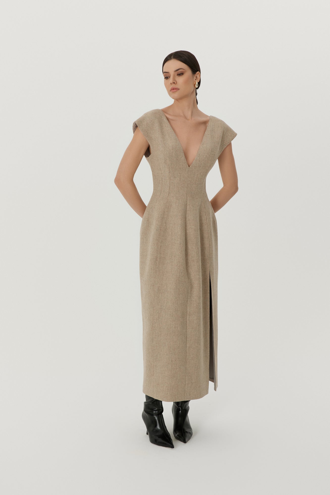 Wool V-Neck Dress in Beige