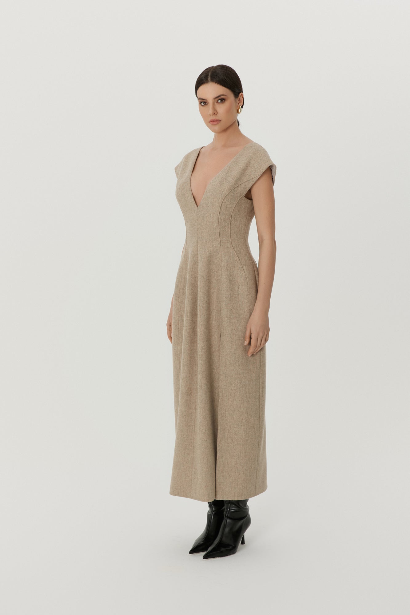 Wool V-Neck Dress in Beige