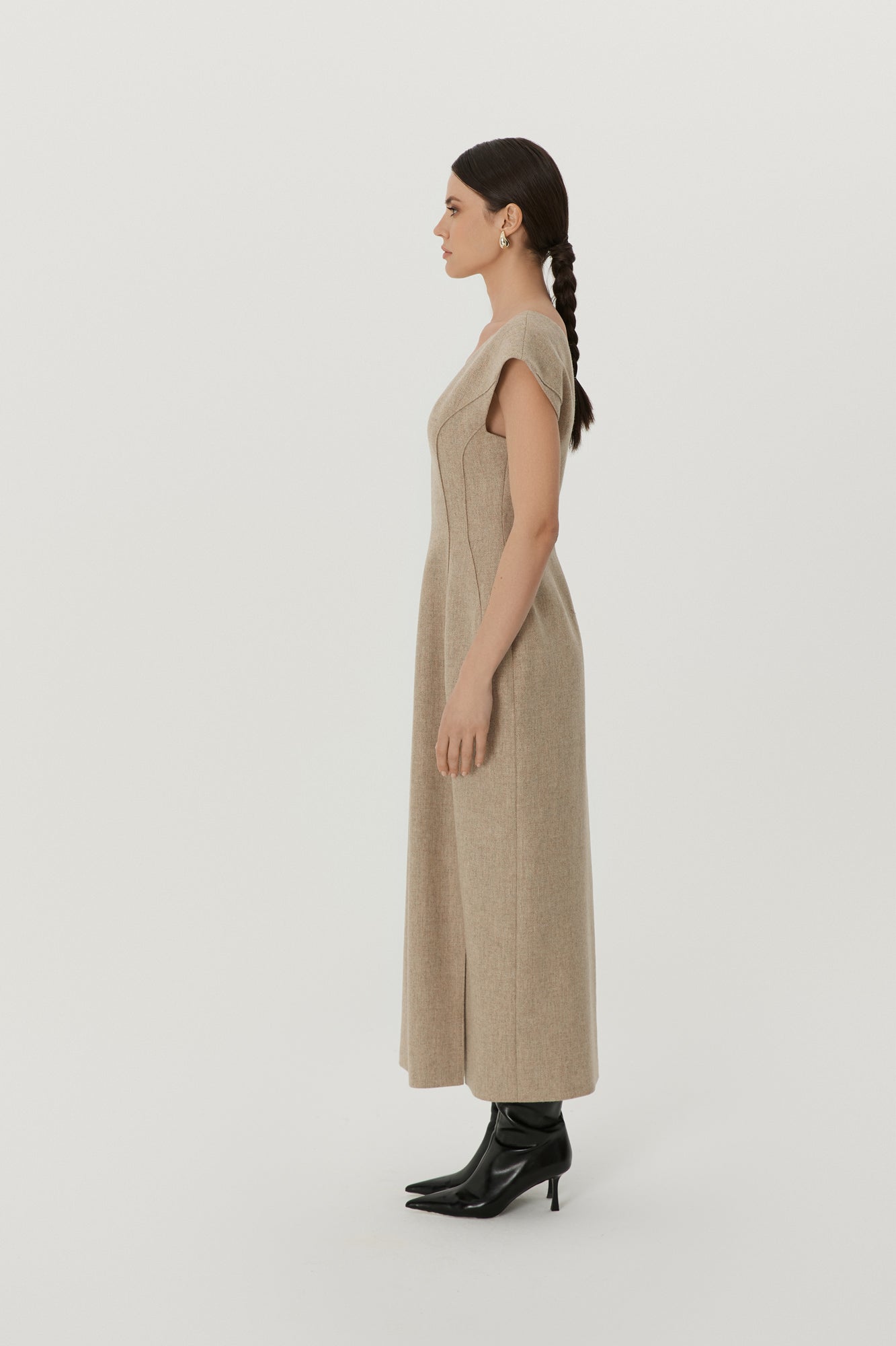 Wool V-Neck Dress in Beige