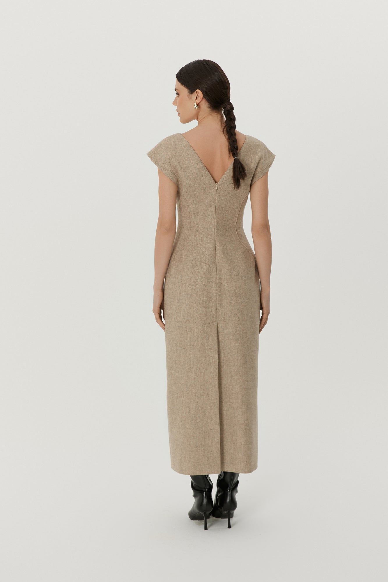 Wool V-Neck Dress in Beige