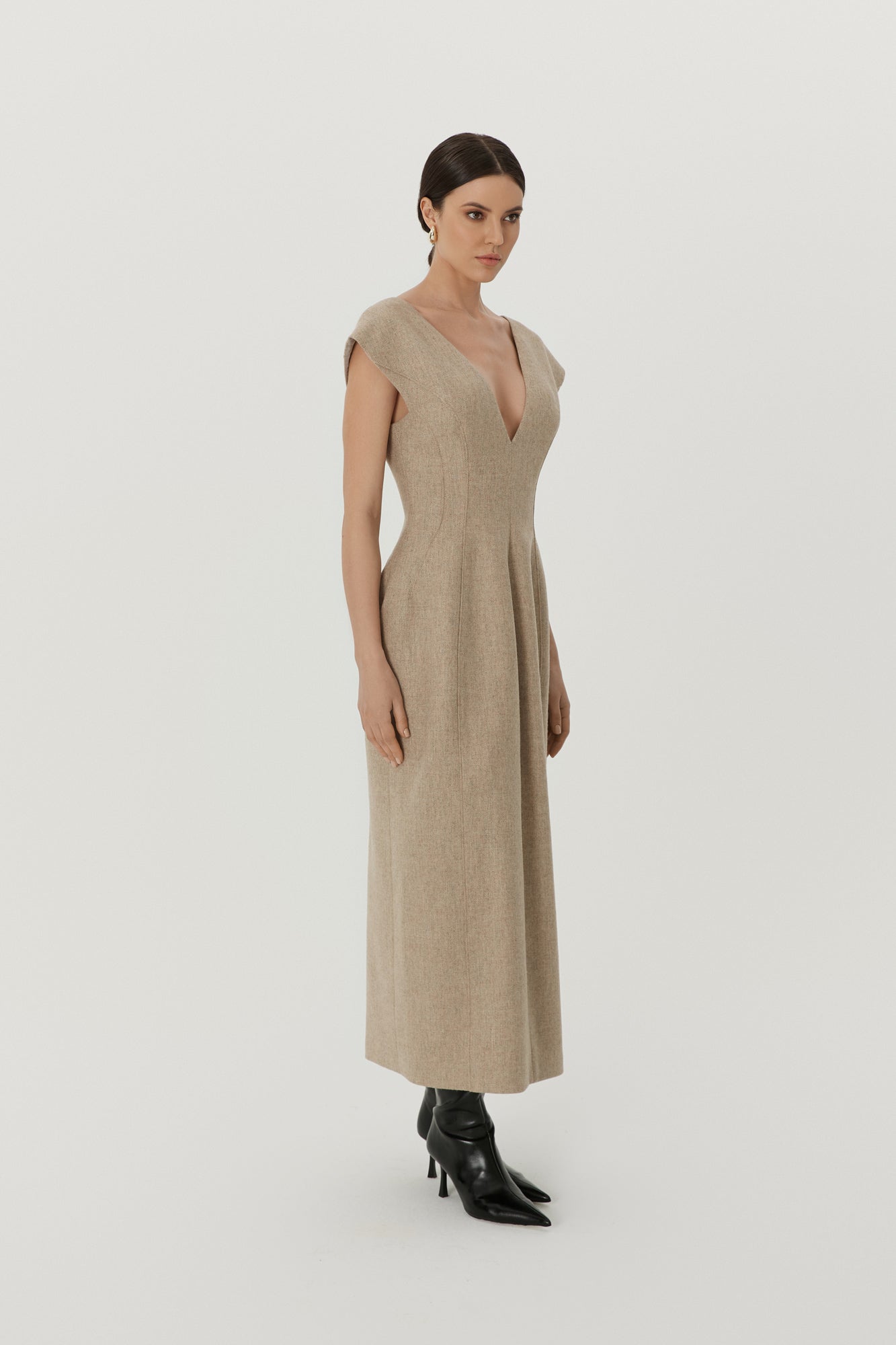 Wool V-Neck Dress in Beige