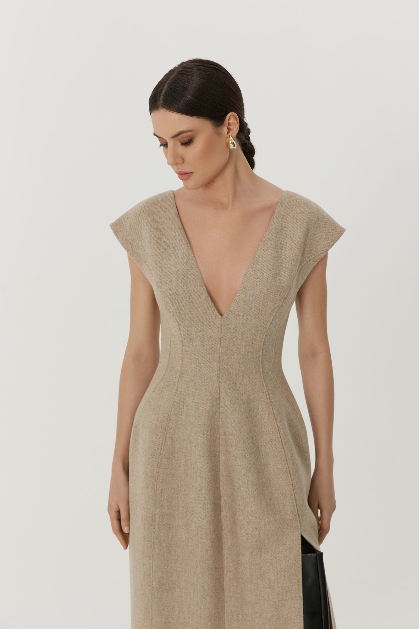 Wool V-Neck Dress in Beige